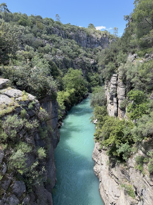 Turquoise river winding through a narrow limestone canyon covered in green trees, Köprülü Canyon, Turkiye
