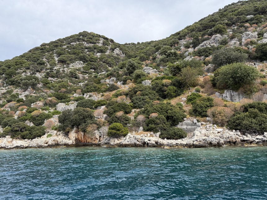 Scrub-covered hillside with pale limestone outcrops above a rocky shoreline and teal water, Blue Cruise, Turkiye