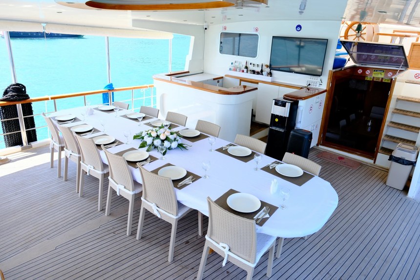 The covered dining deck of the Mr. Ceyhun, one long table set for the whole group