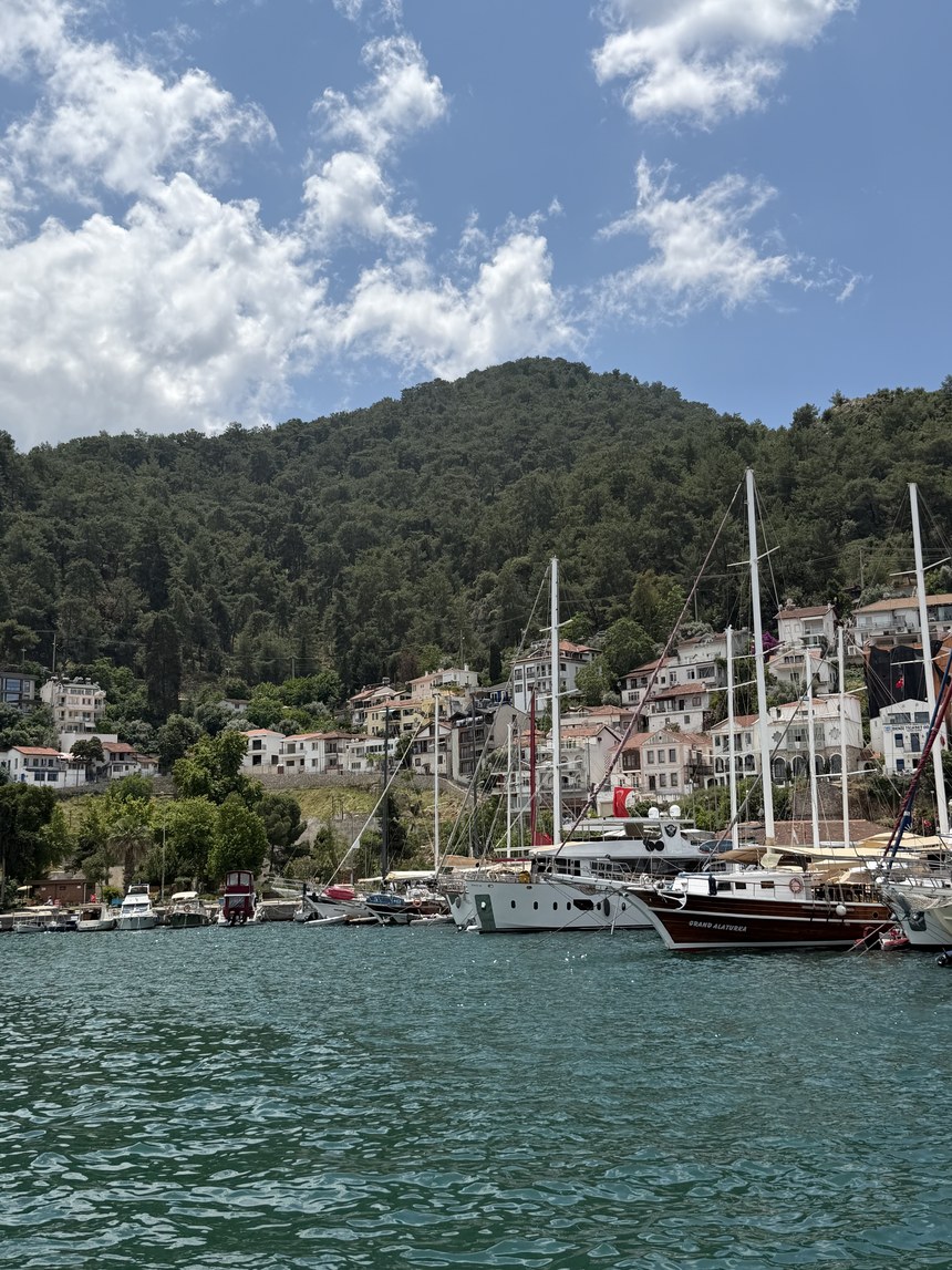 Gulets moored along the quay in Fethiye's harbor, with white houses on the wooded hill behind, Fethiye, Turkiye