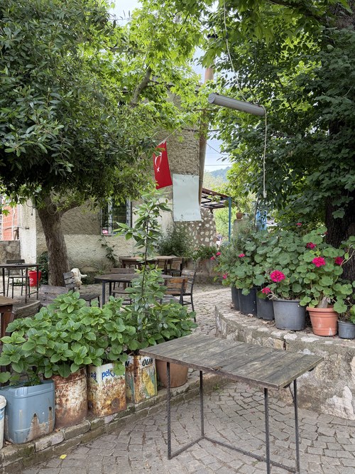 Shaded cobblestone courtyard with wooden tables, potted geraniums and a Turkish flag, Kuyubaşı Köy Kahvesi, Turkiye