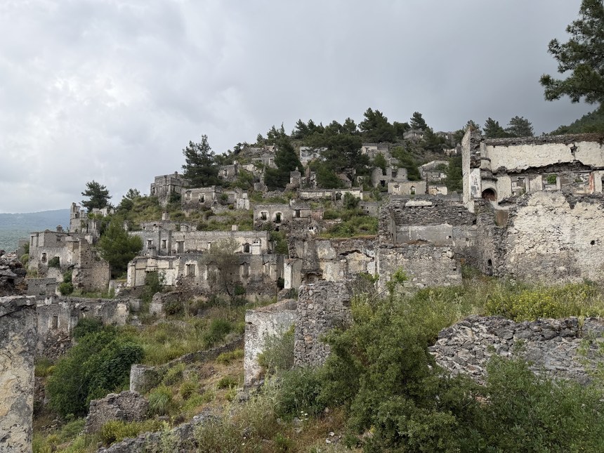 Crumbling stone houses and walls among shrubs on a hillside under a gray sky, Kayaköy, Turkiye