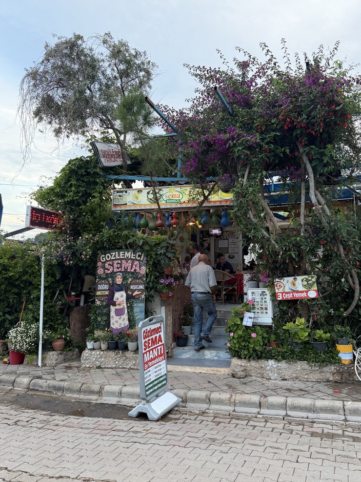 Restaurant entrance framed by bougainvillea and hanging lanterns, with a man on the steps, Gözlemeci Sema, Turkiye